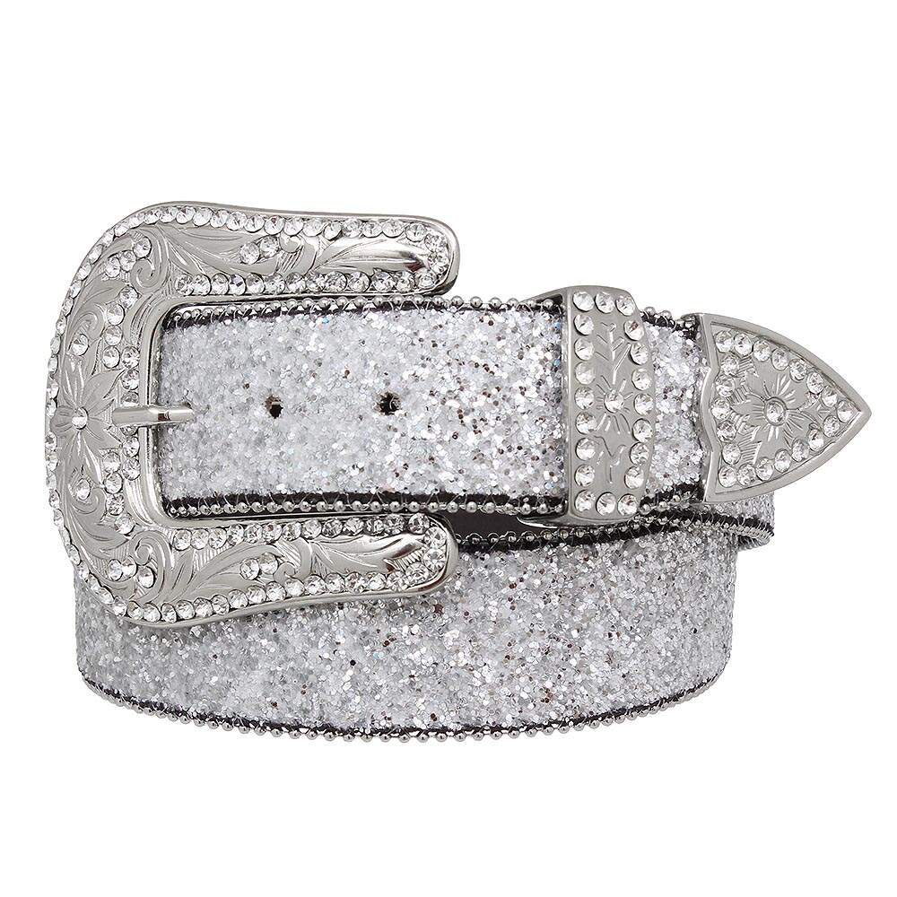 Cinto Feminino de Couro - Prata com Glitter Brilhante Pyramid Country Luxo
